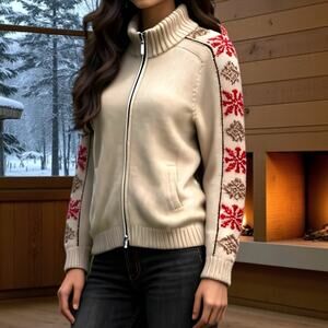 Lands' End NWOT full-zip sweater ribbed collar snowflake fair isle pattern SZ LP